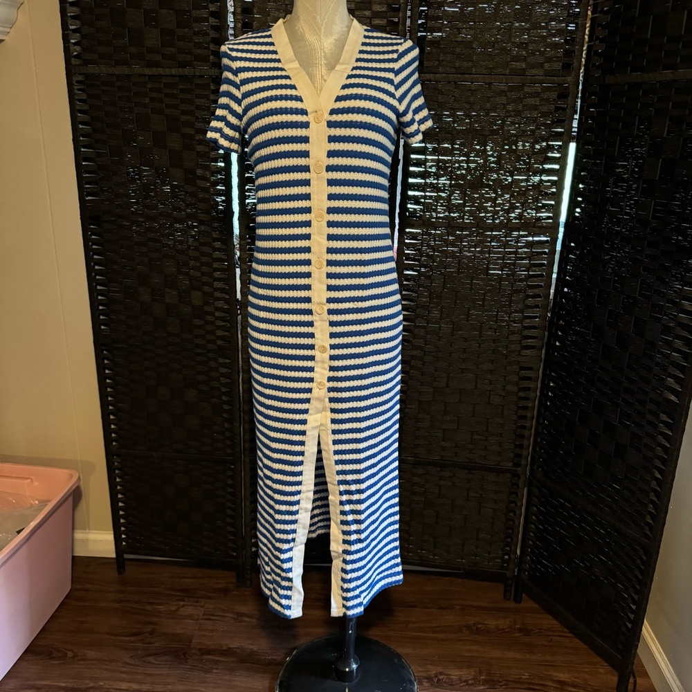 Mango Blue Striped Crochet Button Down VNeck Dress US Size 4